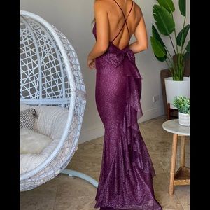 BURGUNDY GLITTER MAXI DRESS WITH BOW RUFFLE DETAILS. Saved by the Dress